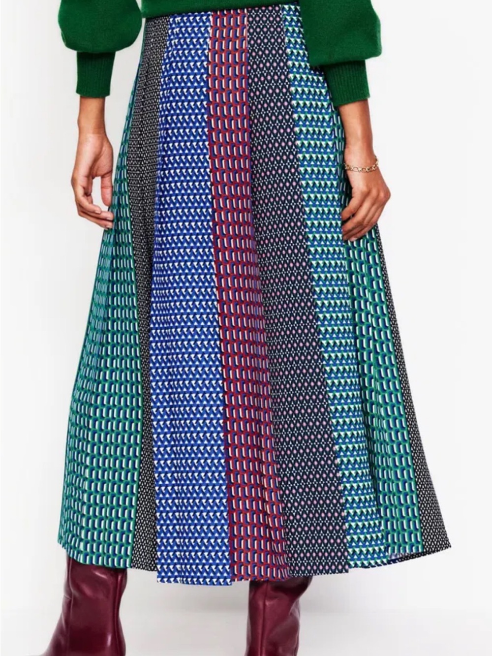 Boden Knife Pleat Midi Skirt in Blue, Green & Burgundy, new without tags - Picture 3 of 6
